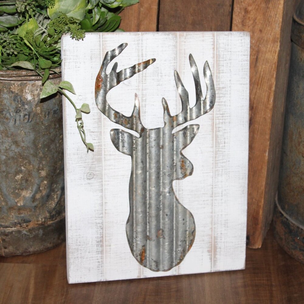 NEW Rustic Distressed White Farmhouse Aged Metal Deer Stag Wall Decor Plaque